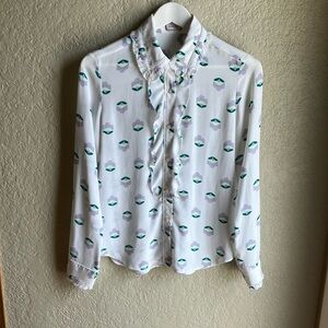 Sunday Best White and Green Ruffled Blouse